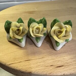 Vintage Germany Dresden porcelain Yellow ROSE place card holders Set of 3